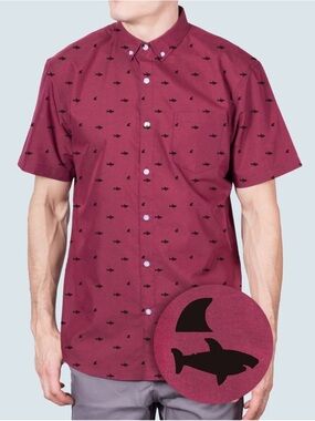 Men's Visive Short-Sleeve Button-Down Shirt in Red with Shark and Fin Print